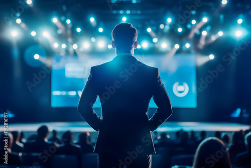 Silhouette of a man in a suit addressing an audience at a conference. Bright stage lights and a digital presentation screen in the background. Professional event and leadership concept.