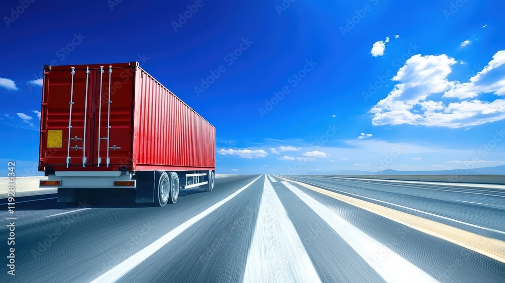 Red Truck Driving on a Bright Blue Highway Under a Clear Sky Red Truck Driving on a Bright Blue Highway Under a Clear Sky