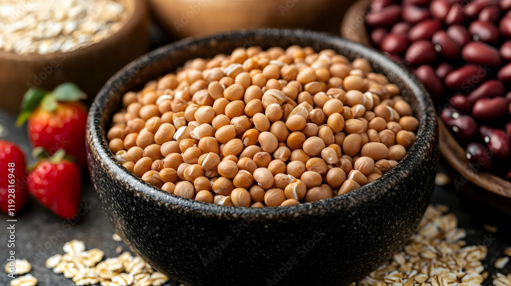 Obraz premium Close-up of chickpeas in a bowl with oatmeal and red beans, healthy food concept