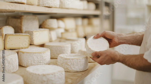 Cheese Aging Process with Hands Flipping Wheels on Shelves photo