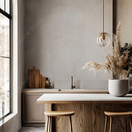 Modern kitchen interior with big window and wooden bar counter