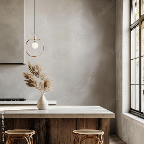 Modern kitchen interior with big window and wooden bar counter photo