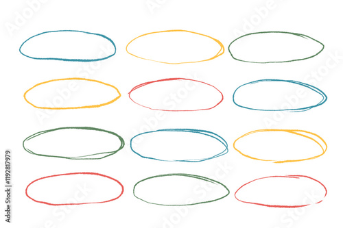 Crayon ellipse frames set. Hand drawn highlight oval borders. Freehand shapes collection. Underline stroke circular mark. Grunge scribble pack. Vector illustration isolated on white background.