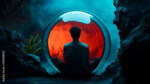 Contemplative figure sitting in front of a large spherical glass structure emitting vibrant red light in a mystical cave setting during twilight