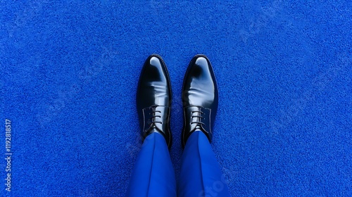 Minimalist Legs on Blue Carpet with Black Shoes photo