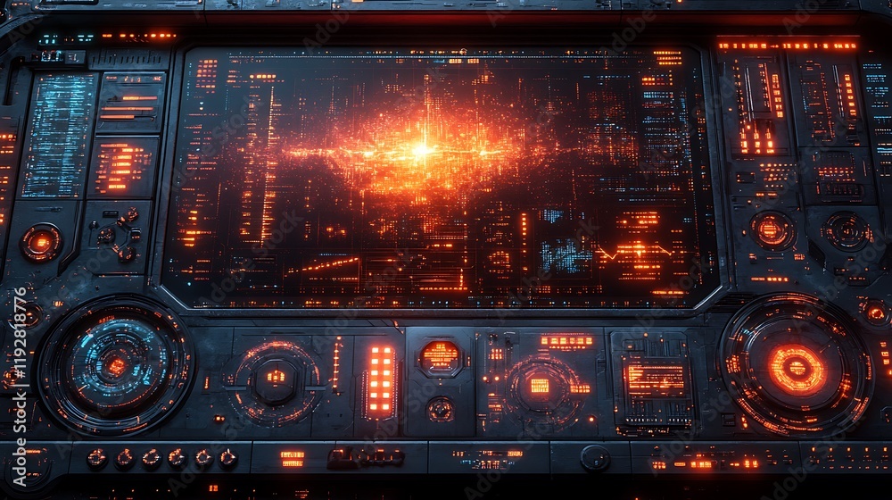 Fototapeta premium Red Glowing Circuit Board Technology Advanced System Energy Design SciFi Illustration