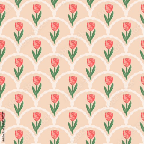 Flowers crayon drawn seamless pattern. Floral allover background. Stylized botany scallop repeat backdrop. Surface pattern design spring motif. Vector hand drawn illustration.