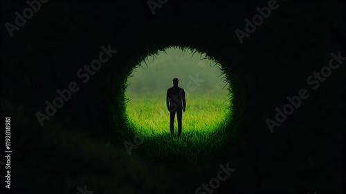Figure standing in a grassy clearing viewed through a dark tunnel at dawn creating a mysterious atmosphere