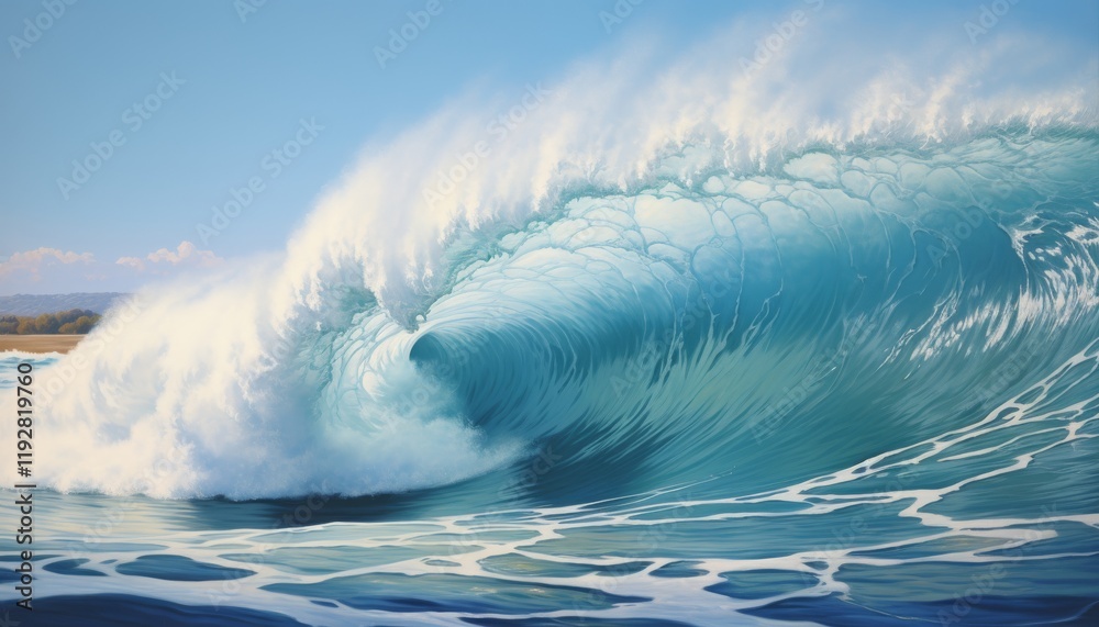 Fototapeta premium Large, vibrant blue wave crashing with white foam against a bright blue sky and calm ocean. The wave's power is emphasized by the clear, sharp details of the water and foam.