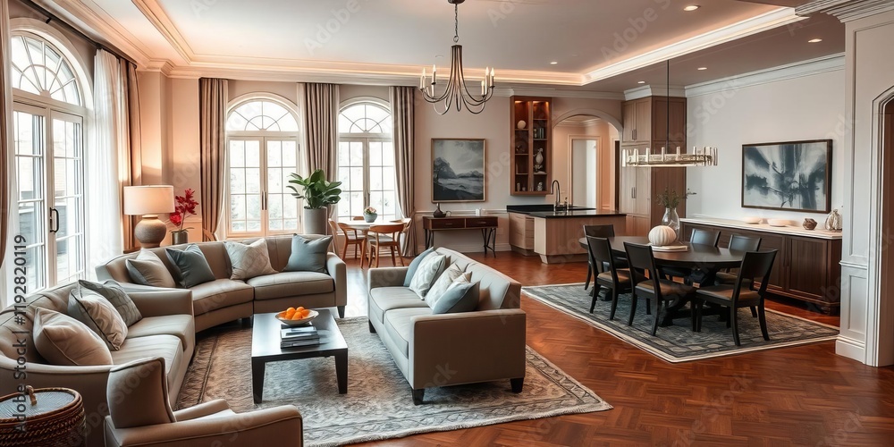 Modern and elegant home interior with open floor plan, featuring spacious dining room and cozy living room, living room, dining room, cozy Modern and elegant home interior with open floor plan, featuring spacious dining room and cozy living room, living room, dining room, cozy