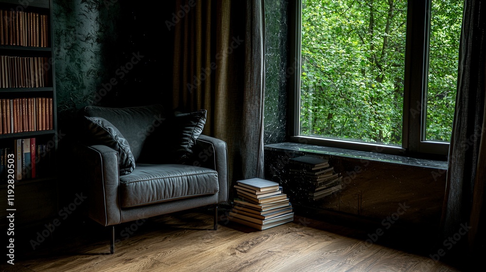 Fototapeta premium Cozy reading nook with natural light peaceful home interior modern design green view inviting atmosphere