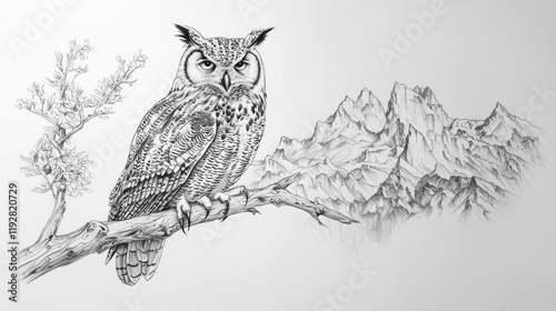 Wallpaper Mural Majestic Owl and Mountain Range: A Pen and Ink Masterpiece Torontodigital.ca