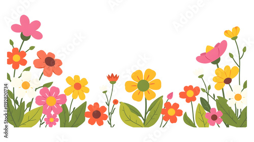 Vibrant Floral Border: A cheerful arrangement of colorful flowers in a vibrant and playful style, perfect for adding a touch of spring or summer to any design.  