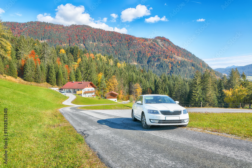 Φωτογραφία Amazing view of  Alpine green fields and traditional wooden houses view of the Abtenau village at autumn sunny day