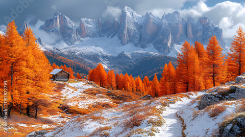 Golden cedar trees contrast against rugged gray peaks in this autumnal mountain landscape. Despite the first snow of the season, the valley below is covered in red and orange leaves. photo