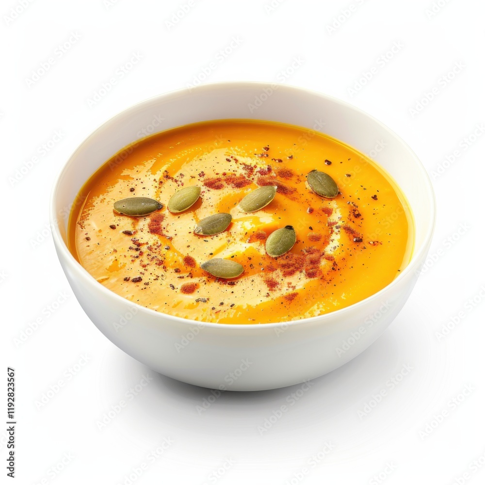 A bowl of creamy butternut squash soup with a sprinkle of cinnamon and toasted pumpkin seeds, isolated white background, realistic art style A bowl of creamy butternut squash soup with a sprinkle of cinnamon and toasted pumpkin seeds, isolated white background, realistic art style