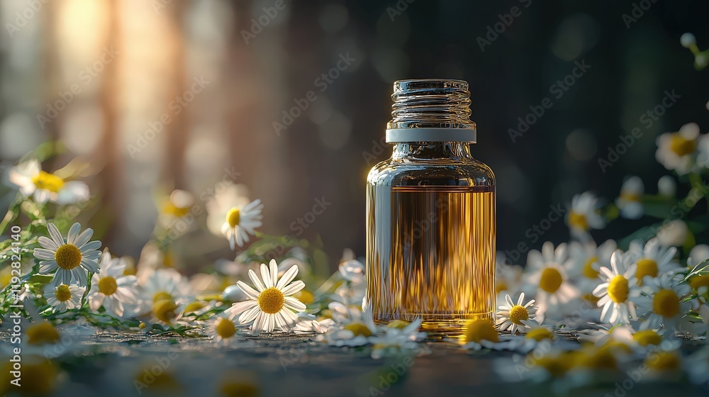 Chamomile essential oil in a clear glass bottle with fresh chamomile blossoms surrounding it, placed on a dark black background that highlights the tranquility and purity of the oil.