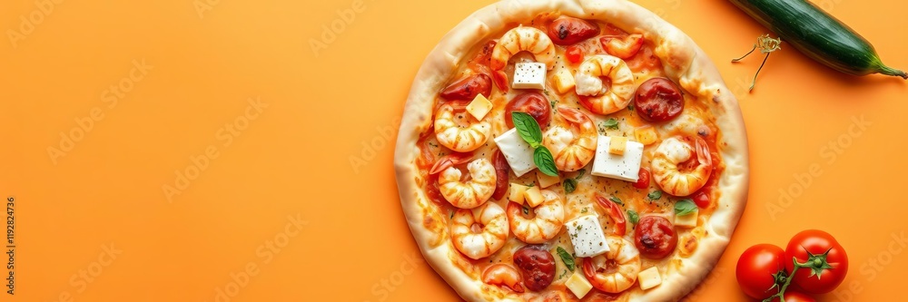 Pizza with shrimps, courgette flowers, cherry tomatoes, and mozzarella cheese arranged on orange watercolor background, orange background, top view, mozzarella cheese Pizza with shrimps, courgette flowers, cherry tomatoes, and mozzarella cheese arranged on orange watercolor background, orange background, top view, mozzarella cheese