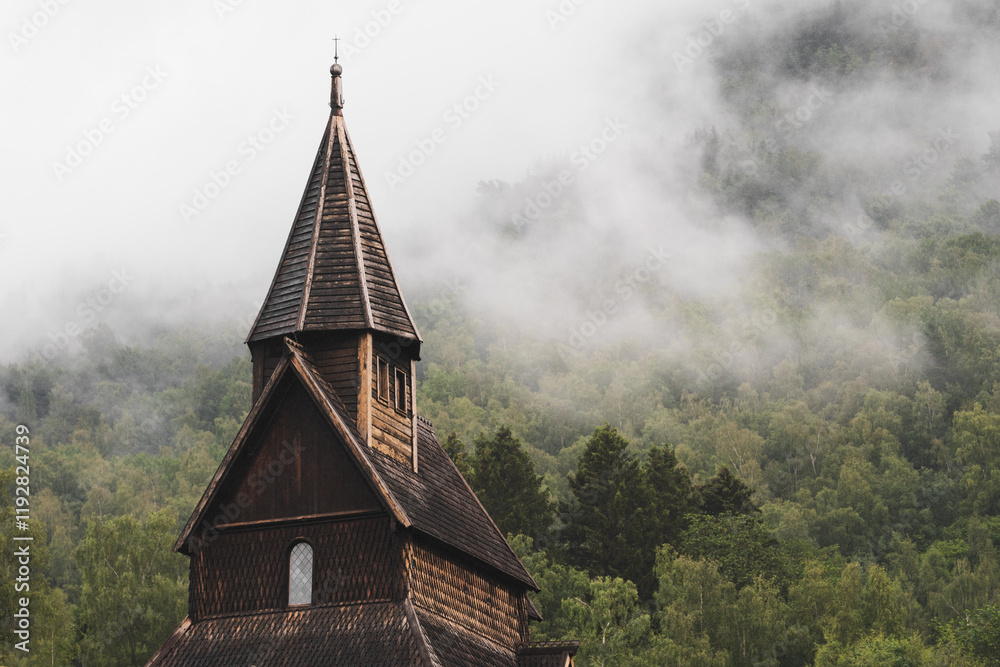 Ancient Norwegian Stave Church in Misty Forest Landscape Ancient Norwegian Stave Church in Misty Forest Landscape