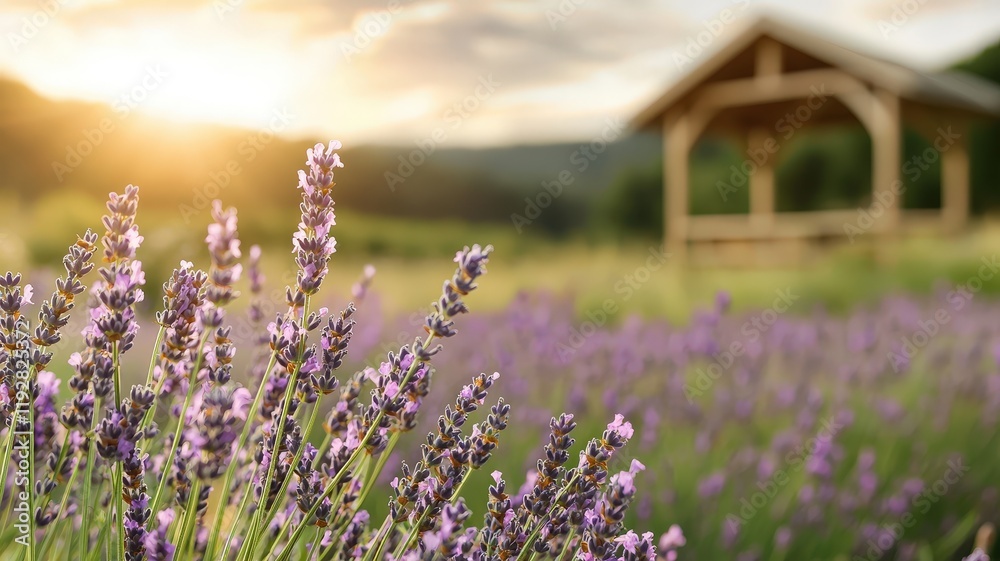 Naklejka premium Lavender Field under Golden Sunset with Rustic Shelter in Background Showcasing Nature's Serenity and Beauty