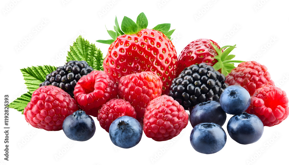 Ripe, colorful berries including strawberries, raspberries, blueberries, and blackberries, representing freshness, health, and natural flavors. Isolated on white background Ripe, colorful berries including strawberries, raspberries, blueberries, and blackberries, representing freshness, health, and natural flavors. Isolated on white background