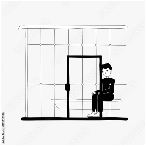 Man sitting in prison cell in flat vector illustration symbolizing imprisonment, incarceration, and justice system, isolated on white background.