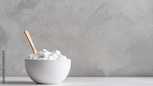 Bowl of white, creamy, thick dairy product with wooden spoon photo