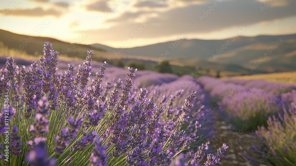 Obraz premium Serene Lavender Fields Under Soft Sunset Hues with Majestic Mountains in the Background and Dreamy Cloudy Sky
