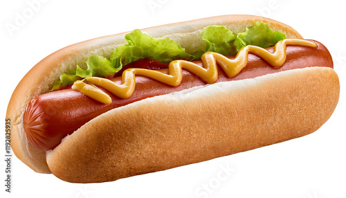 A mouthwatering hot dog positioned in a bun, topped with lettuce and a perfect zigzag of mustard. Isolated on white background photo