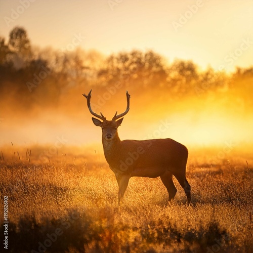 Plakat deer at sunset