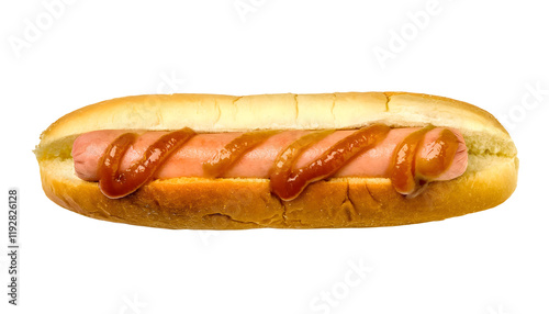 A mouthwatering hot dog positioned in a bun, topped with lettuce and a perfect zigzag of mustard. Isolated on white background photo