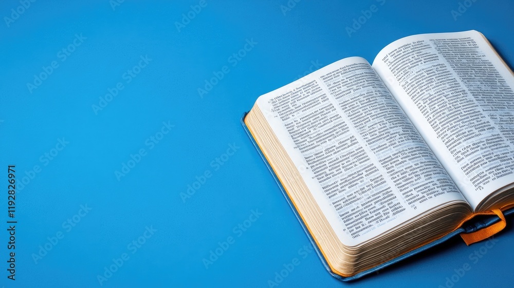 Fototapeta premium Open book with visible text on blue background