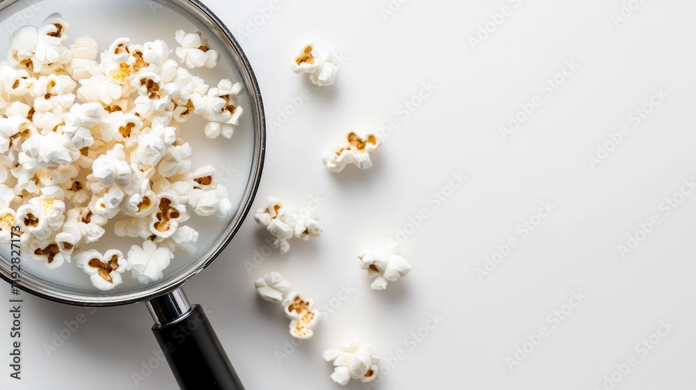 Magnifying glass examining popcorn on white background Magnifying glass examining popcorn on white background
