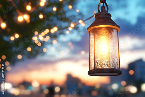 Evening ambiance glowing lantern hangs under a tree with fairy lights, city sunset backdrop. Ideal for romantic, peaceful, or celebratory themes photo