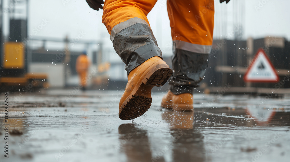 Construction Worker Slipping on Wet Plank at Building Site Construction Worker Slipping on Wet Plank at Building Site
