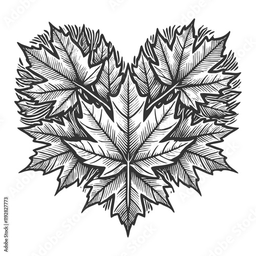 overlapping maple leaves forming a heart shape, evoking autumnal themes and natural charm sketch engraving generative ai vector illustration. Scratch board imitation. Black and white image.