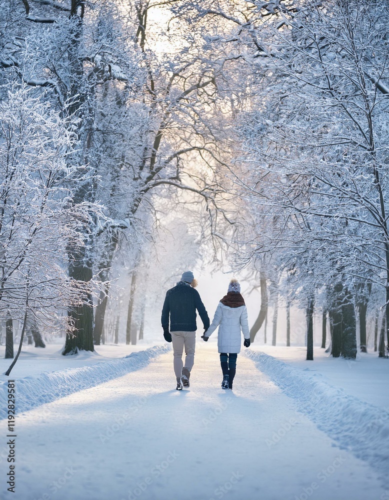 Generated image A couple holding hands and walking through a snowy park Generated image A couple holding hands and walking through a snowy park