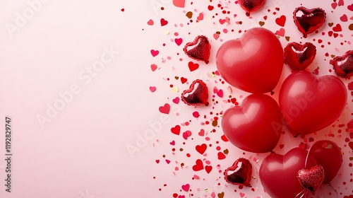 Red balloons and confetti on pink background, valentines day concept celebration, card, copy space, top view
