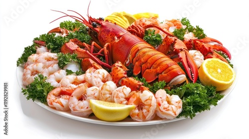 A gourmet seafood platter with lobster and shrimp. photo