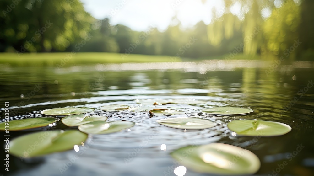 Tranquil Water Surface with Floating Lily Pads and Reflections of Nature in a Serene Outdoor Setting Tranquil Water Surface with Floating Lily Pads and Reflections of Nature in a Serene Outdoor Setting