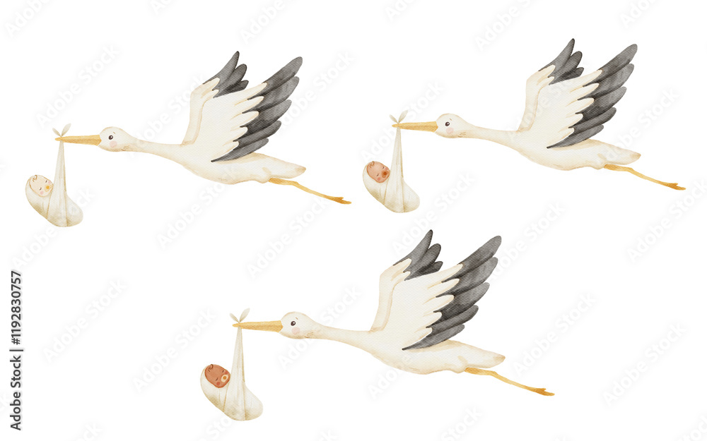 Obraz premium Cute stork with newborn baby. Watercolor cartoon illustration isolated on white