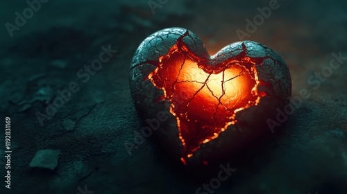 Cracked Heart with Glowing Core on Dark Surface Background