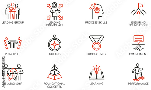 Vector Set of Linear Icons Related to Personal Growth, Leadership Traits, Foundational Skills. Mono line pictograms and infographics design elements