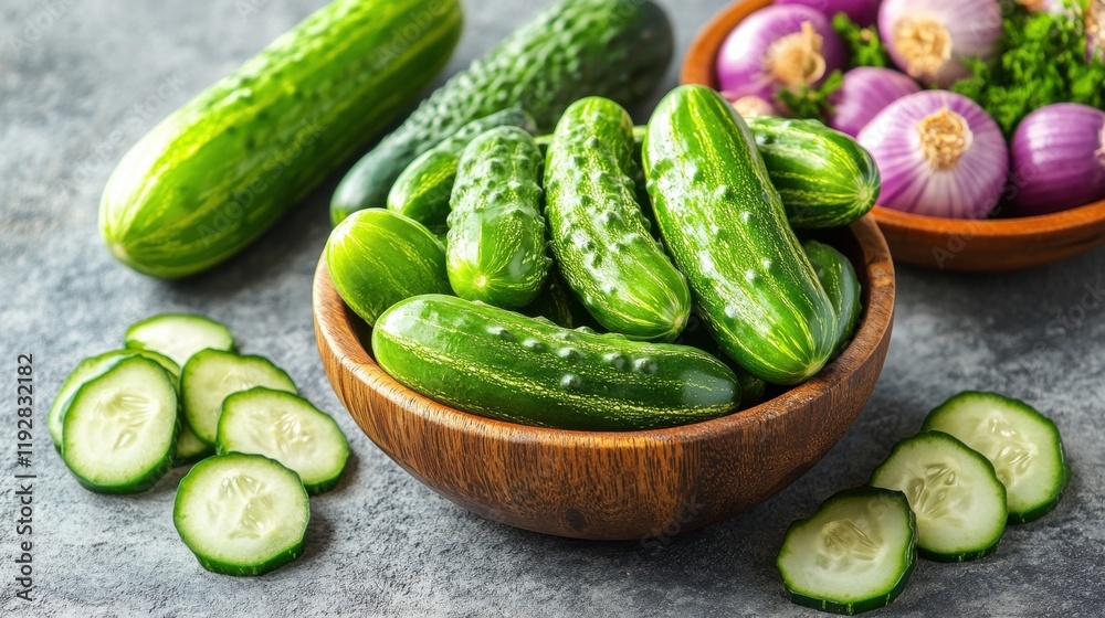 Fresh Cucumbers in Wooden Bowl with Slices and Red Onions Fresh Cucumbers in Wooden Bowl with Slices and Red Onions