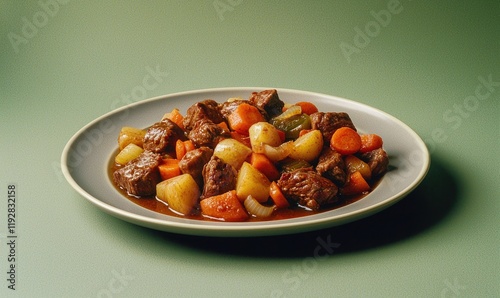 Delicious lapskaus stew served on a gray plate with vibrant vegetables and tender meat against a muted green background photo