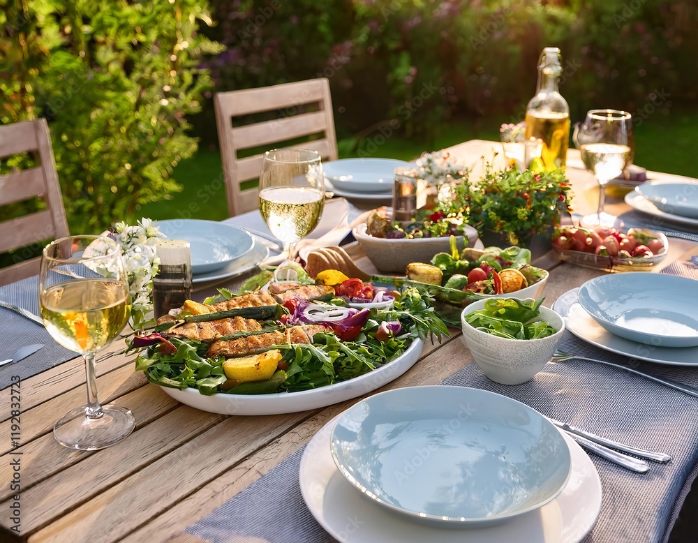 Grilled salmon and vegetables served for an outdoor dinner party in a garden setting Grilled salmon and vegetables served for an outdoor dinner party in a garden setting