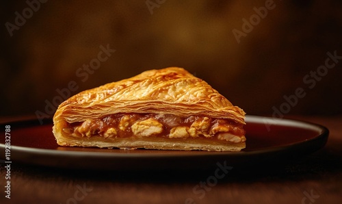 Kurnik pie showcasing layers of chicken, mushrooms, eggs, and rice in flaky pastry on a dark red plate photo