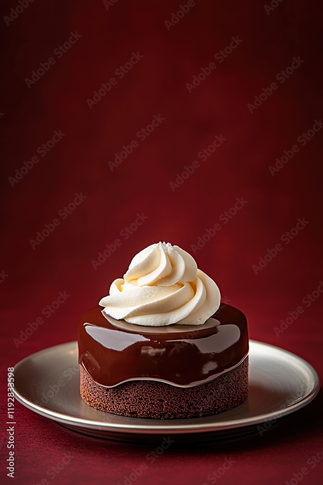 Decadent chocolate cake with apricot jam on silver plate against muted crimson background Decadent chocolate cake with apricot jam on silver plate against muted crimson background