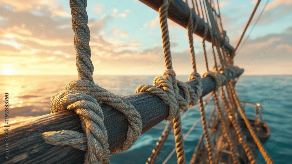 Obraz premium Beautiful Wooden Ship Rigging with Sunlight Over Calm Ocean