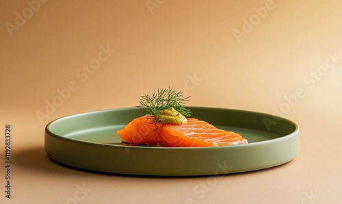 Cold-smoked salmon served on a green plate with dill and mustard-dill sauce against a golden background photo